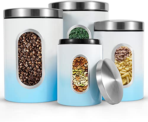 JENNIMER Kitchen Canisters Set of 4,Stainless Steel with Transparent Windows for Sugar Food Tea Coffee Candy Storage(Gradient Blue)
