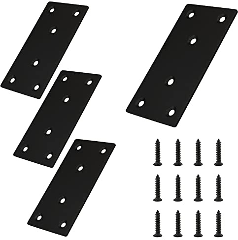 Suiwotin 4pcs Metal Flat Straight Brace Bracket, 4'' x 2'' (L x W) Stainless Steel Mending Plate, Joining Bracket Wood Connectors for Furniture Corner Braces with Screws (Black)