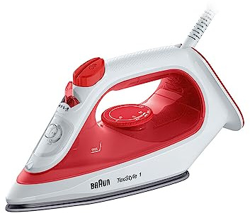 Braun TexStyle 1 SI1019RD, Steam Iron, Non-Stick Coating, Thermostat, 25g/min in Turbo Mode, 220ml Water Tank, 1900W, Red/White | Adjustable thermostat allows precise temperature control across fabrics, with a powerful turbo mode for stubborn creases.