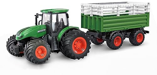 Amewi 22636 RC-Traktor mit Viehtransporter, Sound & Licht, mit Kuh als Zubehör, 1:24 RTR grün