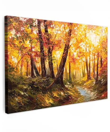 MuchoWow© Leinwand Groß 120x80 cm XXL Deko Schlafzimmer Aesthetic Leinwandbilder Wohnzimmer Gemälde Foto Geschenk Living Room Decoration Gemälde - Herbst - Wald - Ölgemälde