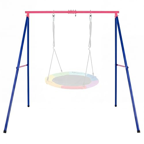 GYMAX Swing Frame, Heavy Duty Metal Swing Stand with Ground Stakes, Garden Single Swing A Frame for Outdoor Indoor, 250kg Weight Capacity (Pink+Blue)