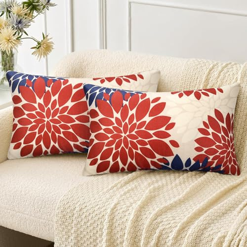 Velvhom Funda Cojines de Lino para Sofa Naranja y Azul Fundas de Almohada Flores de Dalia Abstracto Funda Cojín Decoración para Cama Silla Sala de Estar Dormitorio Habitacion 2 Piezas 30x50cm
