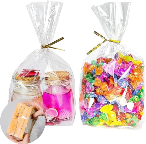 100 Stück Cellophantüten mit Boden,15x25cm Cellophantüten Groß Durchsichtige Tüten mit 100 Krawatten Verpackungen für Brot,Süßwaren Und Kekse