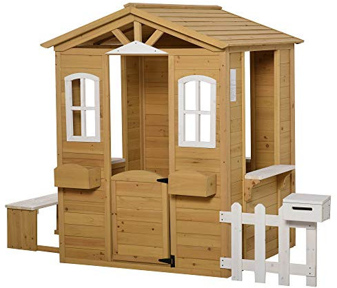 Outsunny Cabane de Jeu pour Enfant Maison de Jardin en Bois Porte et fenêtres, Banc, Boite aux Lettres, clôture, de 3 à 6 Ans 205 x 119 x 140 cm Jaune