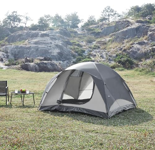pro.tec Tente de Camping pour 2-3 Personnes Tente Dôme Igloo pour Festivals Randonnées avec Double-Toit Amovible Moustiquaires 213 x 213 x 130 cm Gris Beige