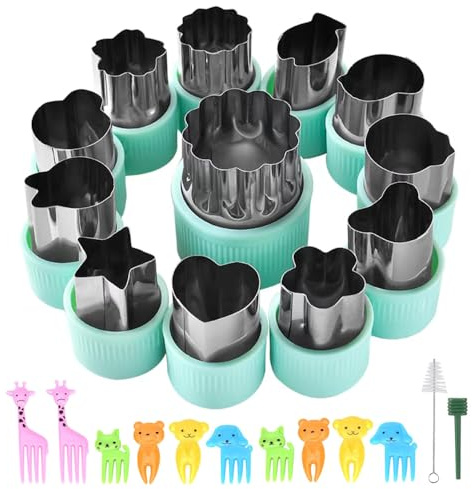 Vegetable Cutter Shapes Set 12pcs Stainless Steel Mini Sizes Cookie Cutters Fruit Stamps Mold and 10 Mini Kids Fruit Forks for Kids Baking and Food Supplement Tool Accessories (Green)