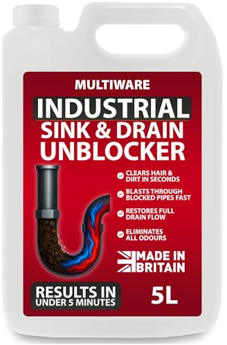 MultiWare 5 Litre Drain Unblocker | Heavy Duty Sink & Drain Cleaner for Plug Holes, Toilets, Showers & Pipes | Powerful Toilet & Sink Unblocker for Home, Office, Garage & Shops | Cleaning Supplies