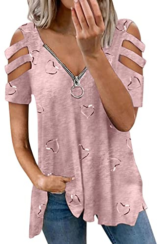 HOOUDO Frauen Lässige Herzdruck V-Ausschnitt Reißverschluss Kurze Ärmel Riemen Kalte Schulter Hemdbluse Lose Tunika Top Grüne Bluse Damen Elegant