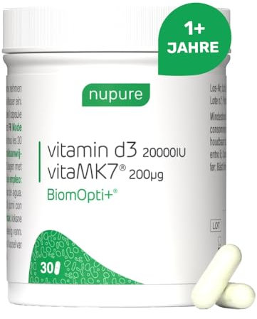Nupure® Vitamin D3 K2 20000 IE + Vitamin K7 200 mit 1 Mrd CFU Lactobacillus Rhamnosus NU11 Hochwirksame 3-in-1 Formel mit veganem D3, natürlichem K2, Non-GMO, magenresistent, 30 Kapseln BiomOpti+®