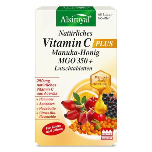Alsiroyal 100% natürliches Vitamin C PLUS Manuka 350+ zum Lutschen – hochdosiert: 1050mg Acerola pro Tag - 300% Vitamin C-Versorgung - mit Sanddorn, Hagebutte, Holunder - laborgeprüft