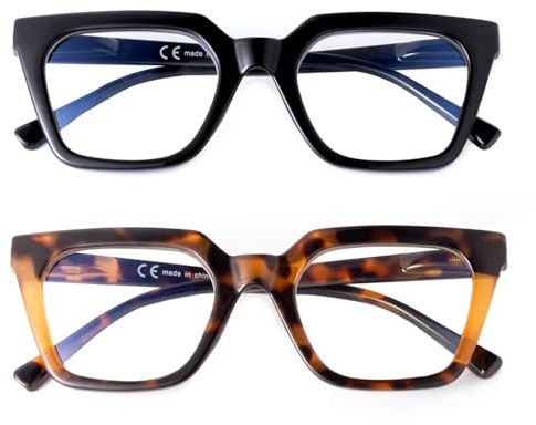 SKYWAY 2 Pack Occhiali da Lettura per Donna, Eleganti Occhiali da Lettura per Computer con Montatura Grande Anti-luce Blu, Occhiali da Donna Quadrati con Cerniera a Molla, Nero+Tartaruga Marron 1.5