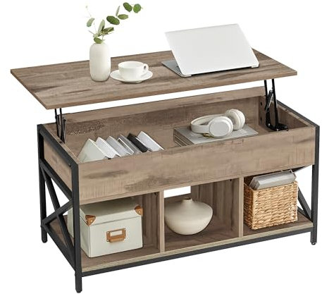 VASAGLE Couchtisch, höhenverstellbarer Wohnzimmertisch, Kaffeetisch, mit 1 verstecktem Fach und 3 offenen Fächern, Stahlgestell, 50 x 100 x (46,5-62) cm, Kamelbraun-schwarz LCT202B50