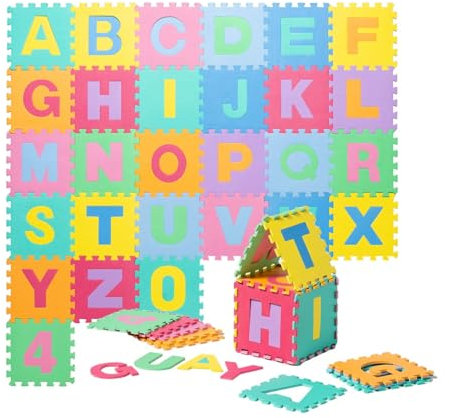 ATAA Alfombra niños Puzzle 30x30x1cm - 86 Piezas (Puzzle), Protector de Suelo para bebé con Alfabeto y número, Suelo Blando Infantil de Colores montable y Desmontable