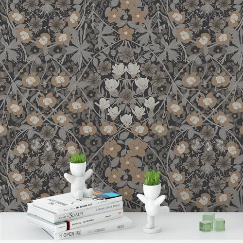 TH8094-10 Tapete zum Abziehen und Aufkleben für Heimdekoration, Küche, schwarze Blume, entfernbares Vinyl, selbstklebendes Regalpapier und Schubladeneinlage, Rolle, Haus, Werkstatt und Büro, 43,9 x