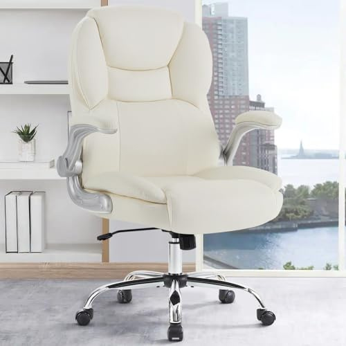 IWMH Kontorsstol ergonomisk skrivbordsstol, chefsfåtölj, snurrstol med fällbart armstöd, justerbar höjd datorstol för kontor, lägenheter, 180 kg lastkapacitet (cremevit)
