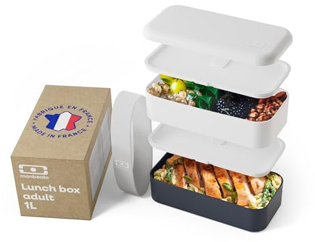 monbento - Lunch Box Original blanc/bleu - Lunch Box Micro Ondable pour Adultes - Boite Lunch Hermétique 2 étages - Idéal pour Travail/Pique-niques - Sans BPA - Made in France - Bicolore