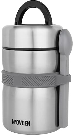 N'OVEEN TB961 Thermobehälter für Essen, Edelstahl Isolierbehälter mit Löffel, Thermoskanne Silber