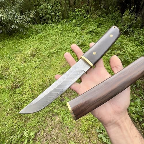 Obespina Grand Couteau Tanto damas lame fixe damascus japonais étui intégral bois ébène full tang collection randonnée traditionnel custom camping forge artisanat tranchant decoupe edc