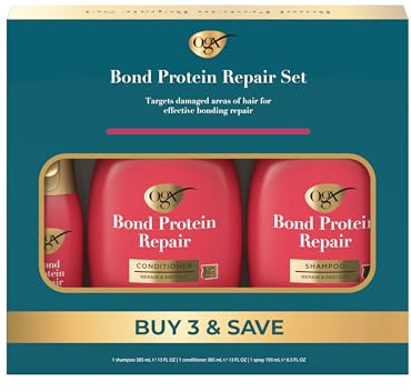 OGX Repair & Protect Bond Protein Repair Haircare Set, Lightweight Shampoo & Conditioner for Damaged Hair, 450°F Heat Protect Spray for weightless damage protection, 3 Items