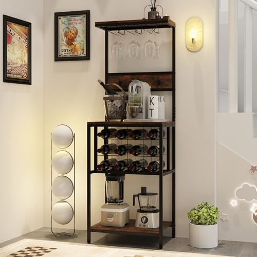 RELAX4LIFE 2 in 1 Scaffale Bar da Cucina/Portabottiglie da Terra a 3 Livelli con Portabicchieri, Supporto per Forno a Microonde, per Cantinetta Vino, Cucina, Sala da Pranzo, Marrone