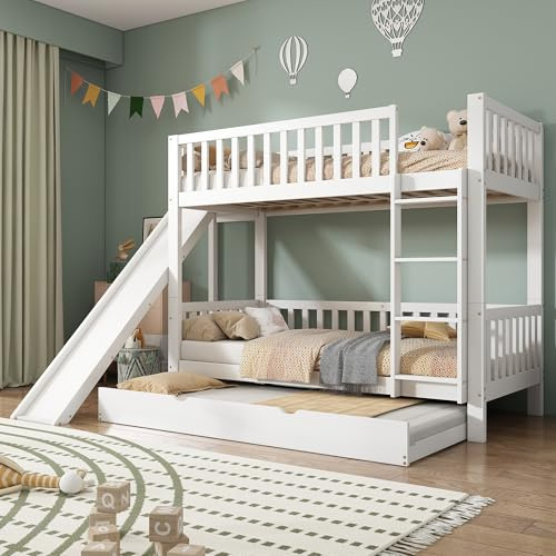 Azkoeesy Litera con cama nido y tobogán, 90 x 200 + 90 x 190 cm, para 3 niños y adolescentes, con barandilla alta y somier de láminas, marco de madera de pino, color blanco