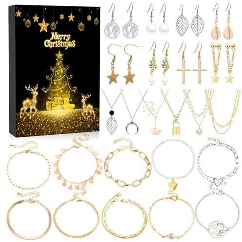 Calendario Adviento Joyas Mujer, Calendario Adviento 2025, Cuenta Regresiva de Navidad de 24 Días, Kit de Joyería con Collares Pulseras Pendientes Regalos para Navidad para Novia Madre Hija (Oro)