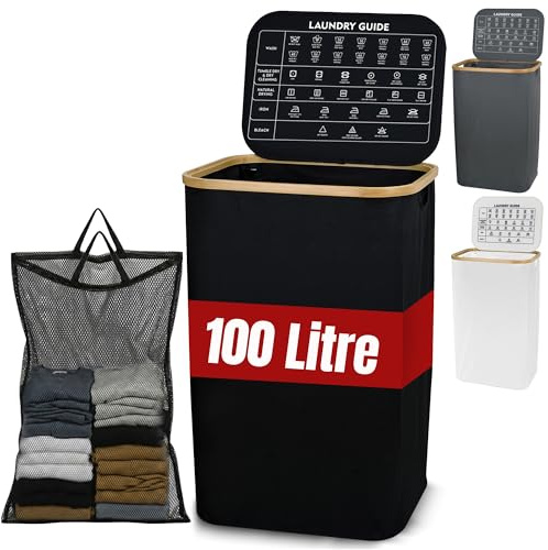 LKH Laundry Basket with Lid 100 Litre - 600D Polyester Clothes Hamper for Laundry with Bamboo Handles, Laundry Guide & Inner Mesh Bag - 44x33x70cm Laundry Basket Organizer for Dorm Laundry Room