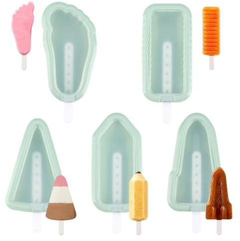 HTTDSLF 5 Piezas Molde Helados Silicona, Moldes Para Helados Silicona con Palo, Molde Helado Siliconas con Asas, para Helados DIY Niños