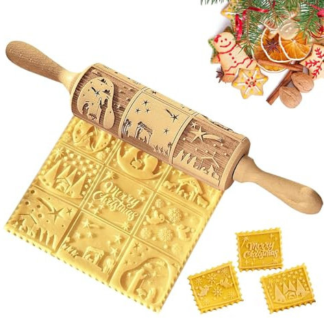 Teigroller, Nudelholz, Muster Prägerolle Holz Weihnachten Präge | 35CM 3D Holz Nudelholz Teigroller mit Weihnachten Motiv Muster Blumen, für DIY, Küche, Plätzchen Nach