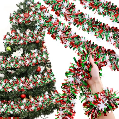 Rismise Green and Red Christmas Metallic Tinsel Twist Garland 49 Feet Glitter Christmas Tree Hanging Wreath Decor Xmas Tinsel Garland for Home Mantle Stair Railing New Year Indoor Outdoor Decorations