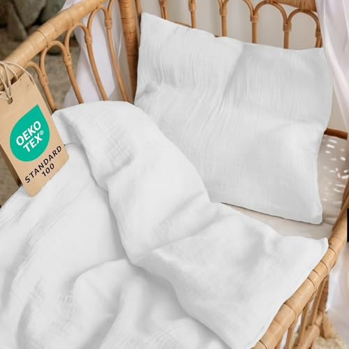 Dreamzie Baby Bettwäsche 80x80 cm + Kissenbezug 35x40 - Musselin aus 100% Baumwolle, Oeko-TEX Zertifiziert,atmungsaktiv & weich, ideal für Sommer & Kinderwagen - Weiß