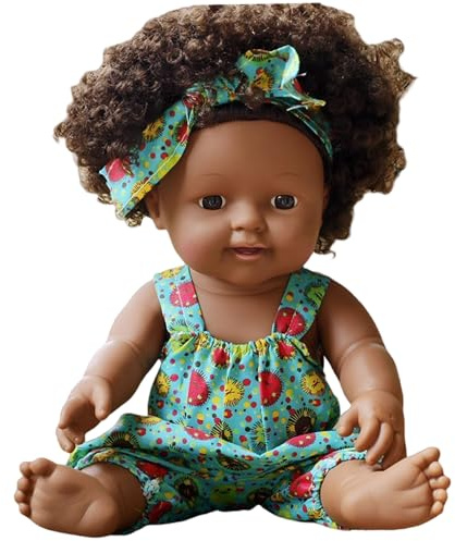 Hperu Muñeca Negra, Muñeca Bebé Afroamericana Realista de 12 Pulgadas - Articulación Móvil con Vestido y Cabello Rizado - Muñecas Negras