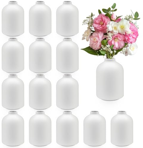 15 Stück Weiße Keramik Mini Vasen 9,6 cm, Boho kleine Vasen Set, Dekovasen für Trockenblumen Pampasgras, Tischdeko für Hochzeit Wohnzimmer Esstisch und Party