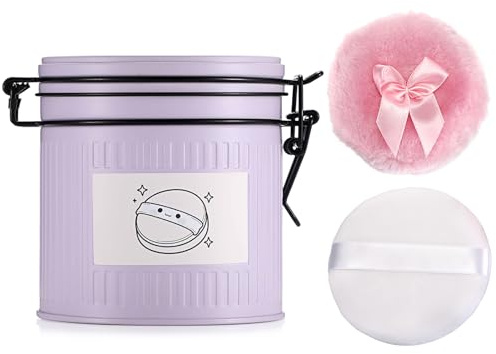 OGANAZI Körper Puderdose mit 2 Quaste Metall Babypuder Dose Puderbehälter mit Rosa und Weiss Puderquaste Lila Behälter für Körperpuder, Loses Puder, Talkumpuder Damen Geschenk für Geburtstag, Festtag