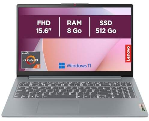 Lenovo IdeaPad Slim 3 15AMN8 - Ordinateur Portable 15.6'' FHD (AMD Ryzen 3 7320U, RAM 8Go, SSD 512Go, AMD Radeon 610M Graphique, Windows 11 Home) Clavier AZERTY Français - Gris