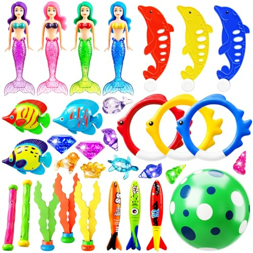 Jasonwell Pool Diving Toys Games - 32PCS Swimming Mermaid Pool Toys with Dive Rings Gems Beach Ball Underwater Treasures Torpedo Bandits Fish Swim Toy etc Bath Water Toy Training Gifts for Kids Adult