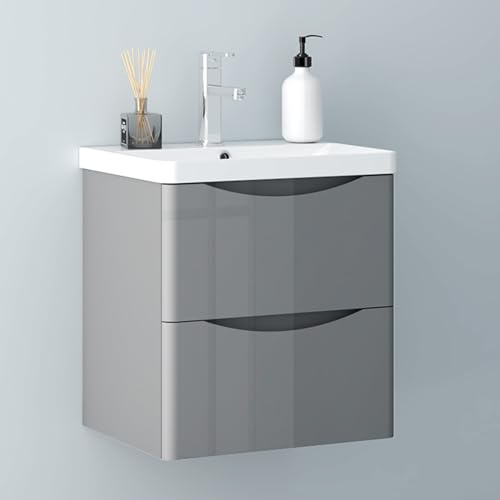 Biubiubath Hochglanz Dunkelgrau Badezimmerschrank 50cm Mineralgusswaschbecken mit Unterschrank Badmöbel-Set 2 Soft-Close Schubladen Hängend