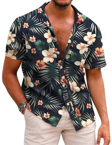 COOFANDY Camicia hawaiana da uomo a maniche corte, senza pieghe, casual, da spiaggia, estiva, vestibilità regolare, Foglie di palma verde e arancione, XL