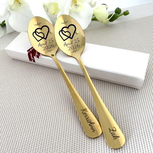 Bespoke Engraved Spoons Wedding Gift of 2 Spoons - Custom Personalised Teaspoons Gift for Couples - Elegant Wedding Gift for Wife or Husband, Unique Present for Bride and Groom
