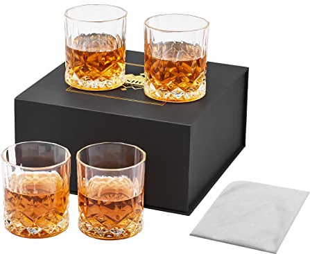mingzhe Vasos de Whisky Antiguos con Caja de Lujo, Vasos Whisky Cristal 10 Oz, Artículos Bar para Bourbon, Licores y Cócteles