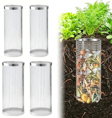 Composteur de Jardin Lot de 4 Acier Inoxydable, Composteur Enterré 2 Tailles (Ø10/9cm) Potager Plate-Bande, Bac Compost Déchets Organiques Engrais Naturel Écologique pour Plantes