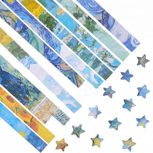 540 Blatt Origami Papier Sterne Basteln Papierstreifen 8 Van Gogh Muster | Glückssterne,Origami Papier Blau,Streifen Papier,22*1CM,Papierkunst,Entzückenden Party Dekoration,Einseitig Bedruckt