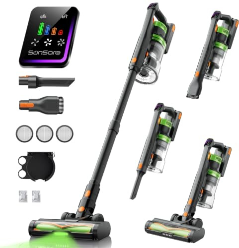 SunSare Aspiradora sin Cable 600W/50KPA/65Min (Eco), 1.8L Aspirador Sin Cable con Manguera de 1M, Aromaterapia, Luz LED Verde, Pantalla LED Inteligente, para Pelo de Mascotas, Alfombras, Pisos, Coche