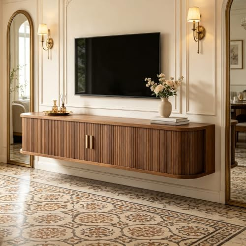 Meuble TV bas mural 175 x 30 x 30 cm avec LED et portes coulissantes (noyer) | Meuble TV flottant en MDF avec LED APP, portes coulissantes rainurées, tiroir et étagères réglables en hauteur.
