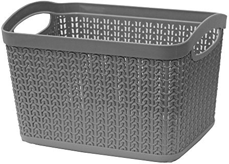 JVL 13-353GY Knit Design Loop Plastic Rectangular Small Storage Basket with Handles, Grey, 20 x 26 x 17 cm, 6.6 Litres