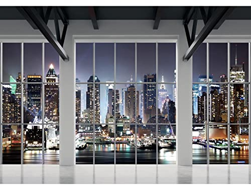 Runa Art Papel tapiz fotográfico ventana de la noche de Nueva York Moderna Lana Sala Cuarto Salón - Made in Germany - azul 9187010b