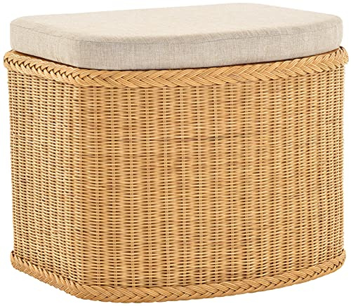 Rattan Wäschekorb Wäschetruhe Sitz gepolstert Honig, Flur-Bank Aufbewahrungsbox mit Deckel Bad-Hocker Sitzhocker Wäschesammler Sitz-Truhe Natur (Honig, Bauchig)