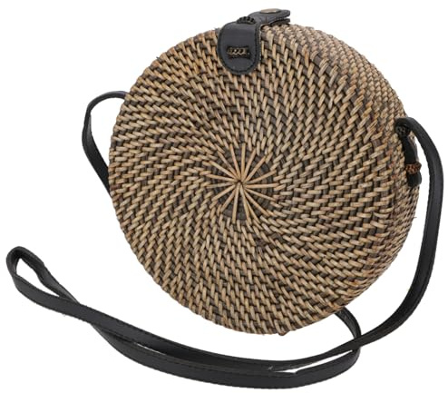 GURU SHOP Geflochtene Handtasche, Korbtasche, Rattantasche, Bali rund | 100 % Rattan, Unisex, traditionell handgefertigt, Innenfutter aus Sarongstoff, ideal für den Sommer, lässiger Look