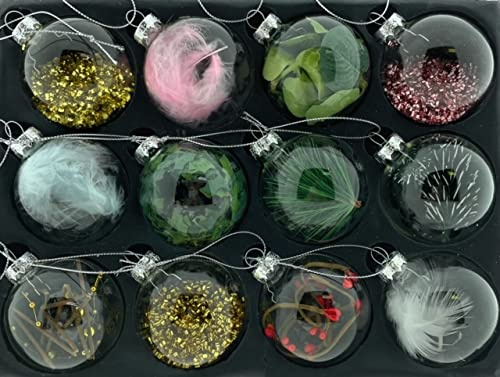 12er Set edle Luxus Glas Weihnachtskugeln Ø 6cm Weihnachtsbaum Kugeln Christbaumkugeln Weihnachten Deko Christbaumschmuck Baumschmuck (Klar mit Deko)